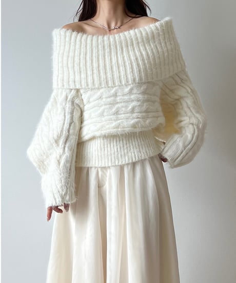 feather off shoulder cable knit