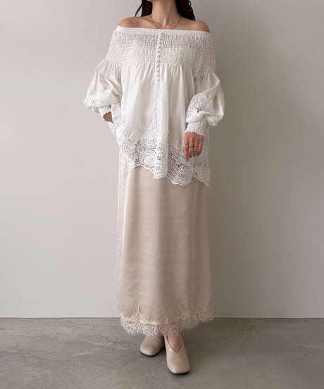 lace shirring off shoulder blouse