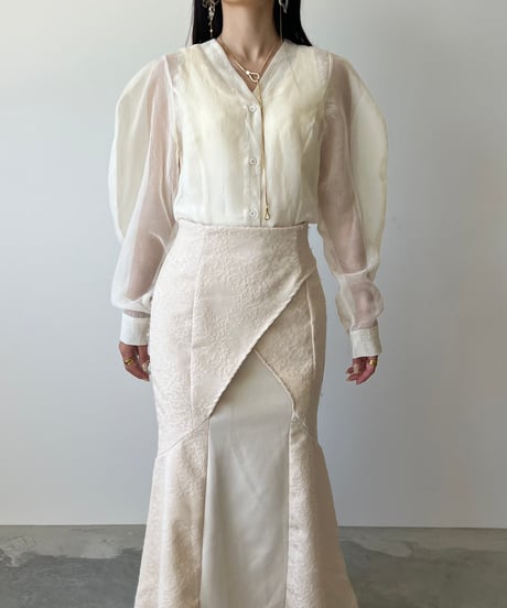 Vneck lantern sleeve sheer blouse