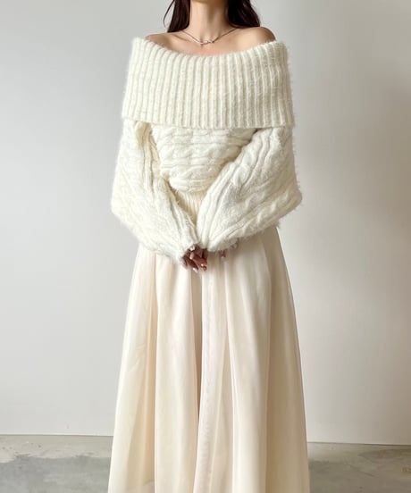 feather off shoulder cable knit