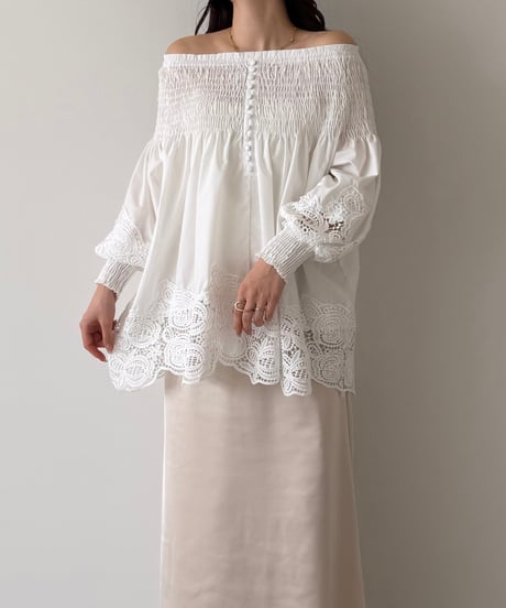 lace shirring off shoulder blouse