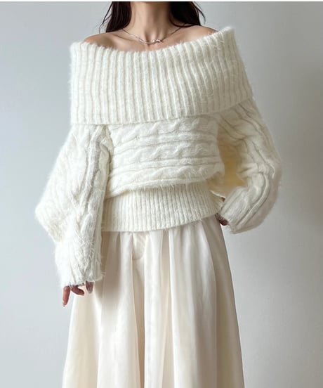 feather off shoulder cable knit