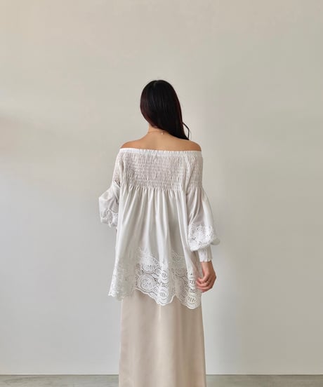 lace shirring off shoulder blouse