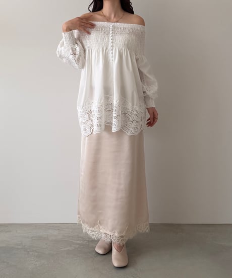 lace shirring off shoulder blouse