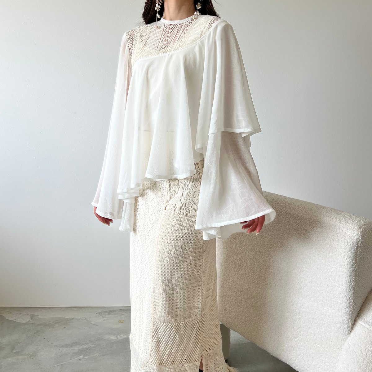 asymmetry flare sheer blouse | AÉRMA boutique