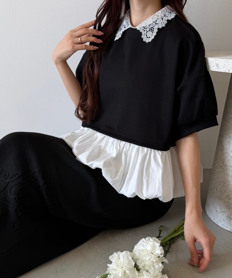 lace collar peplum balloon short tops | AÉRMA b