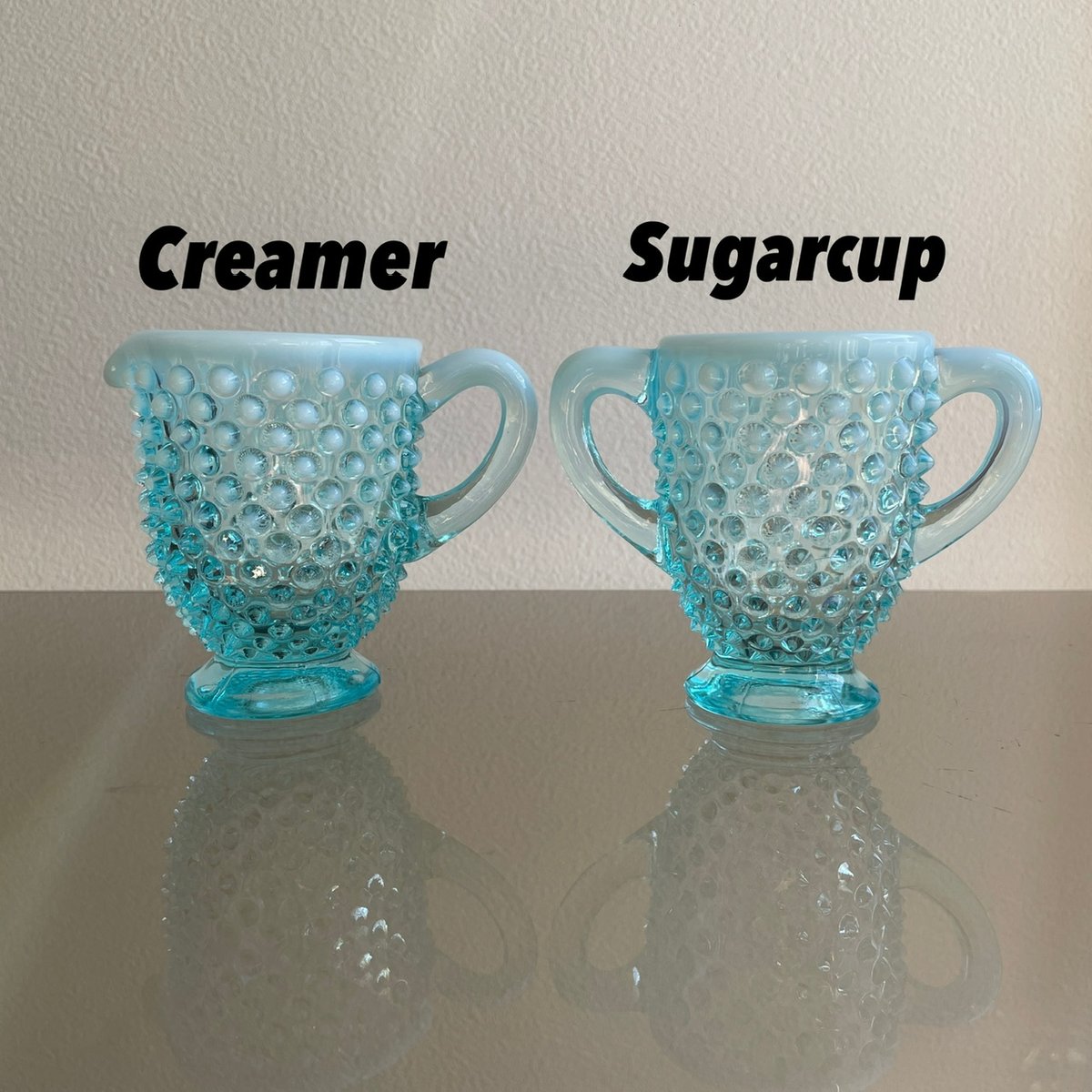 Fenton Hobnail blue opalescent creamer and suga