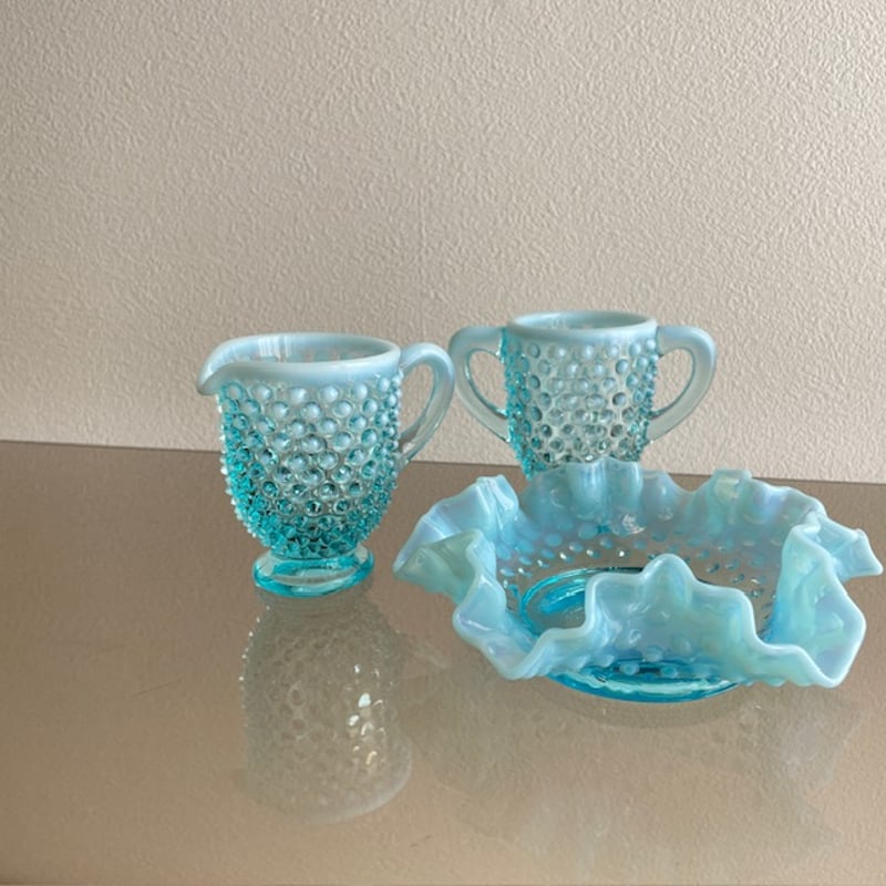 Fenton Hobnail blue opalescent creamer and suga