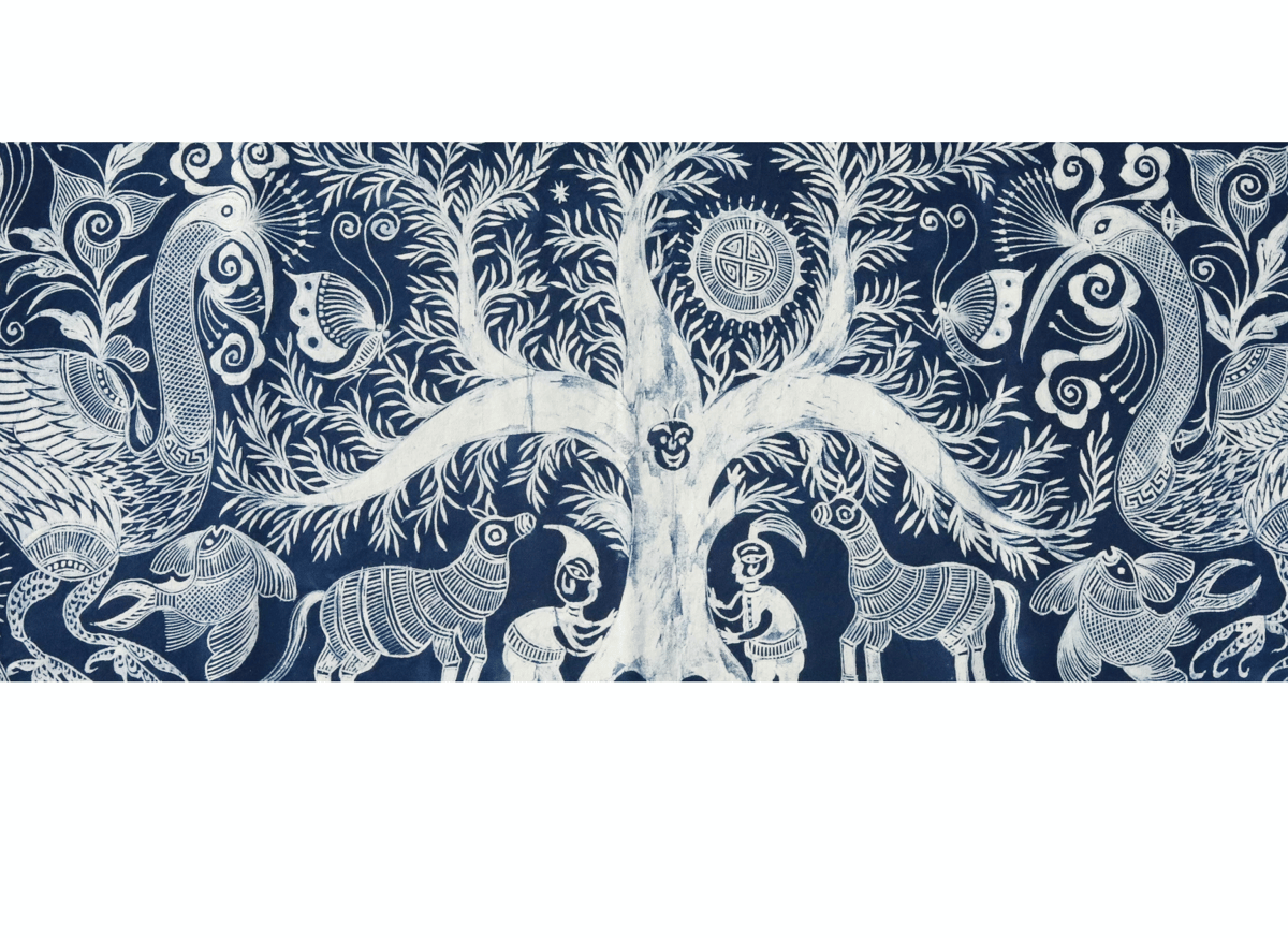 草木染・手作り】白鶴舞う藍染ろうけつ布｜天然素材×伝統美｜テーブル