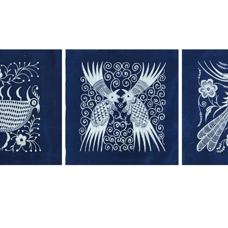 【美品】鳥と花柄のろうけつ染めテーブルクロス・タンスカバー136×128.5 伝統ミャオ族鳥トゥーテン ろうけつ染め テーブルクロス | RAKUSU ART