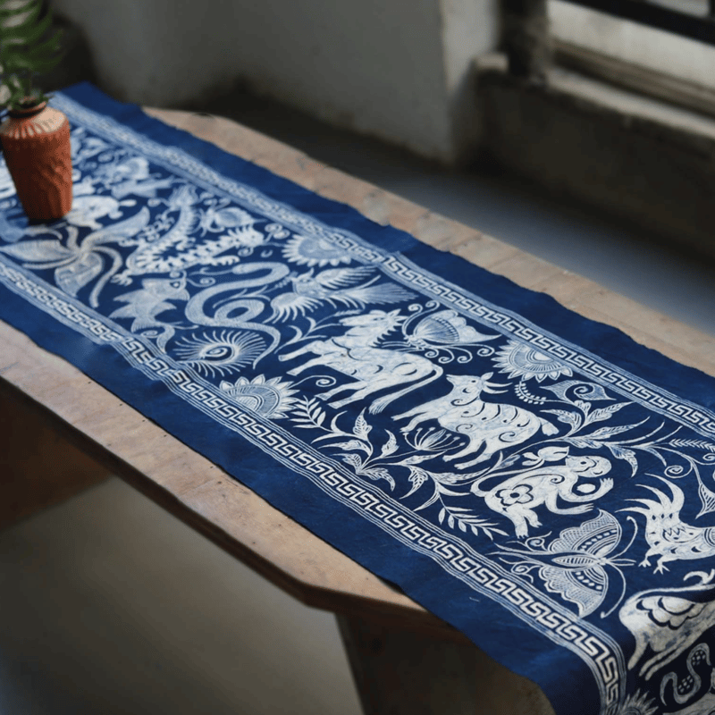 ミャオ族十二支茶席テーブルクロス ろうけつ染め 藍染 | RAKUSU ART
