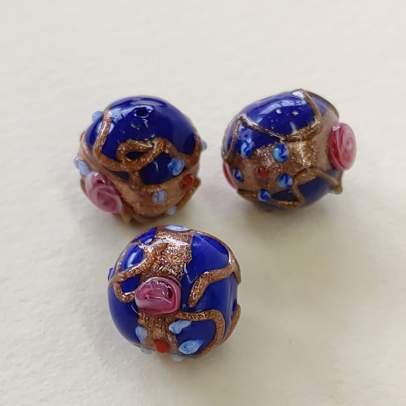 ベネチアンガラス ビーズ14mm 立体ゴールド 青 1個 | 香の都