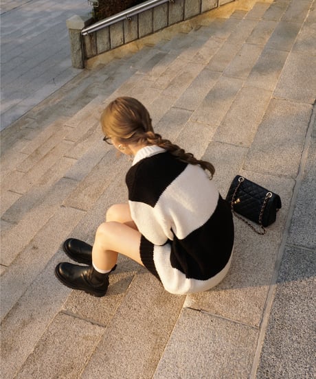 ボーダーニットワンピース/ivory×black