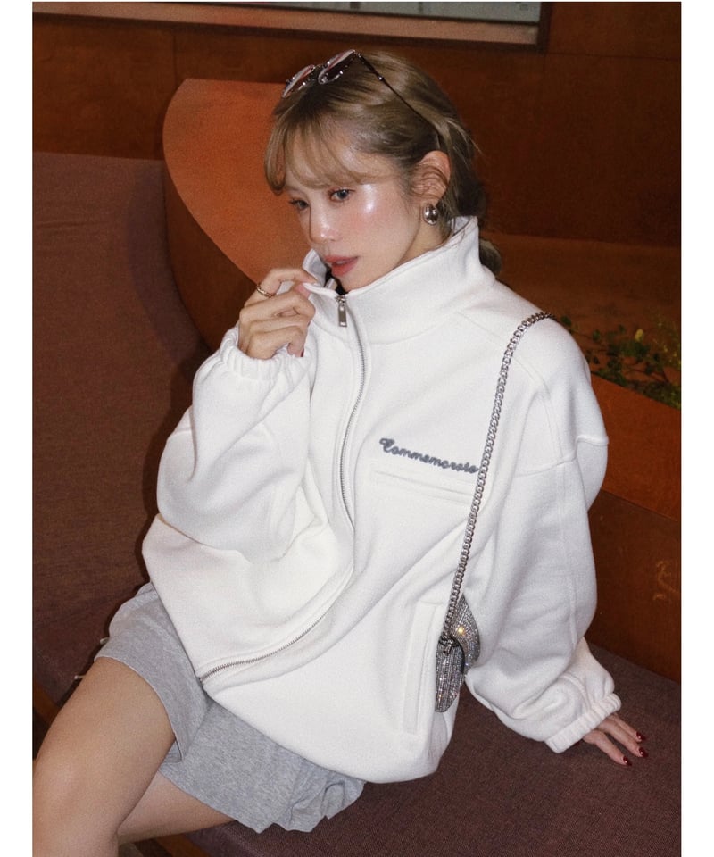 裏起毛)オーバーフィット刺繍ジップアップ/ホワイト | Nalm.