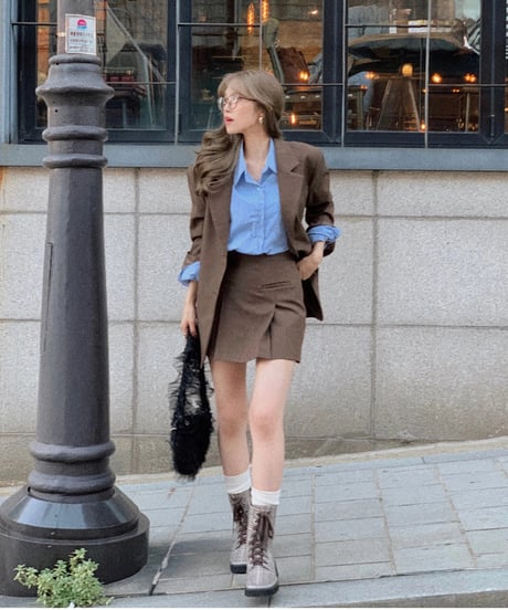 semi-pleated skirt pants/brown