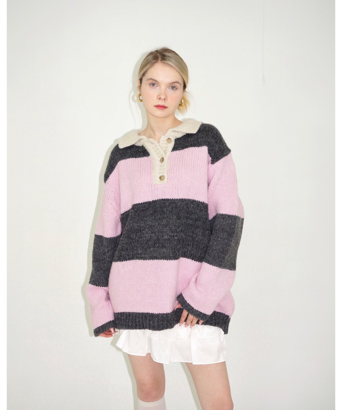 rurumu ピンクニットワンピ　破格 ボーダーニットワンピース/pink×gray | Nalm.