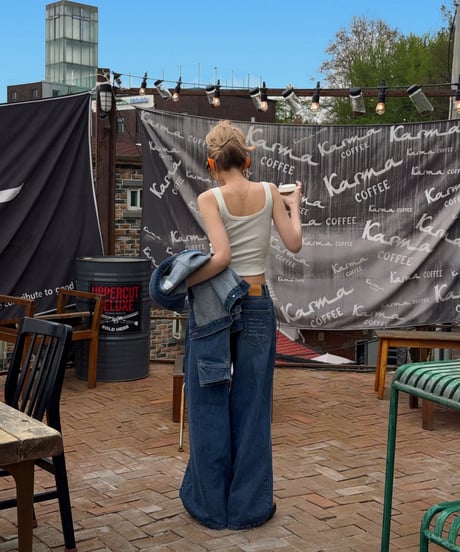 girls happy list denim pants / vintage wash blue
