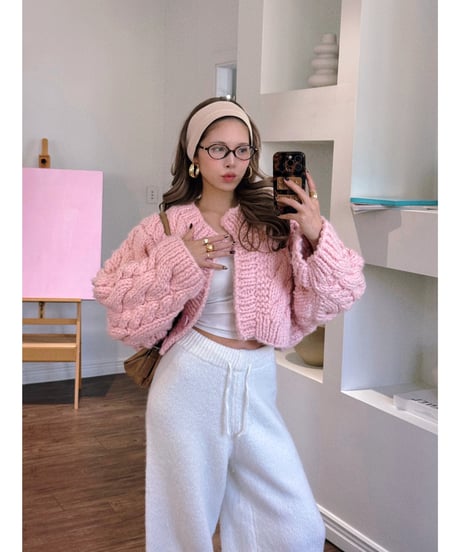 handmade pastel knit cardigan / cotton pink