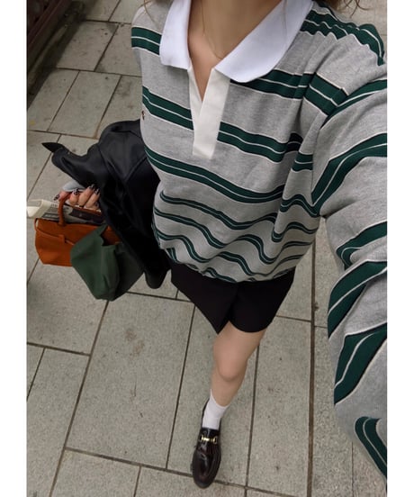 classic rugby shirt / gray×green