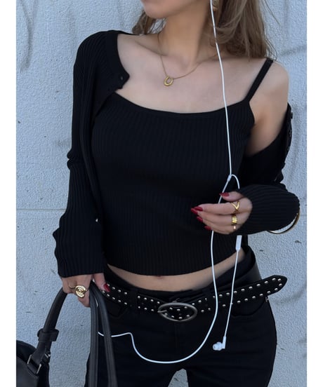 ribbed Knit camisole & cardigan set / black