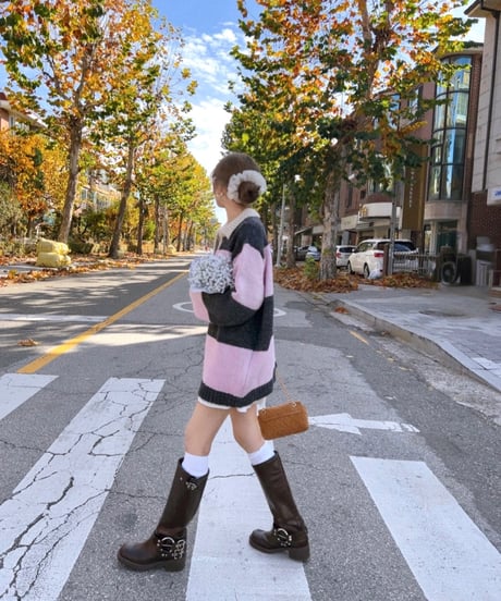 ボーダーニットワンピース/pink×gray