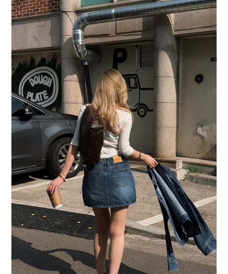 girls happy denim skirt  / vintage wash blue