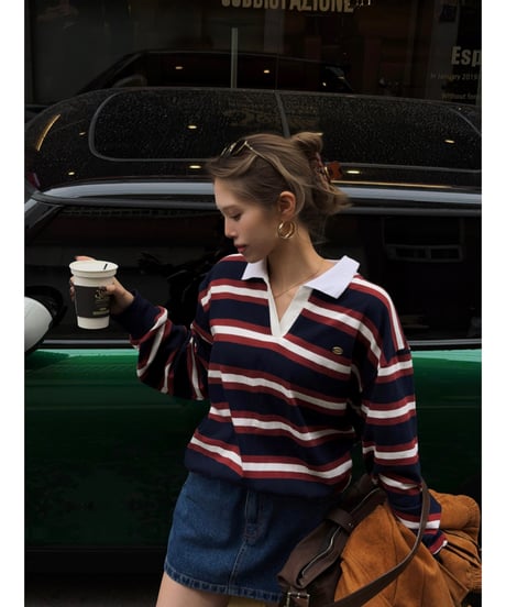 classic rugby shirt / navy×burgundy