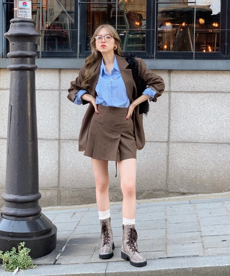 semi-pleated skirt pants/brown