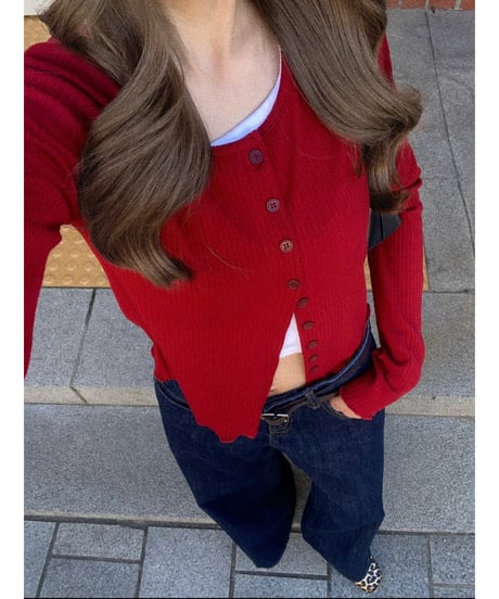 【再入荷】u-neck slim cardigan/red