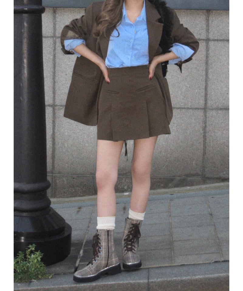 semi-pleated skirt pants/brown | Nalm.