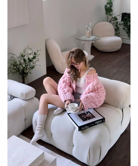 handmade pastel knit cardigan / cotton pink
