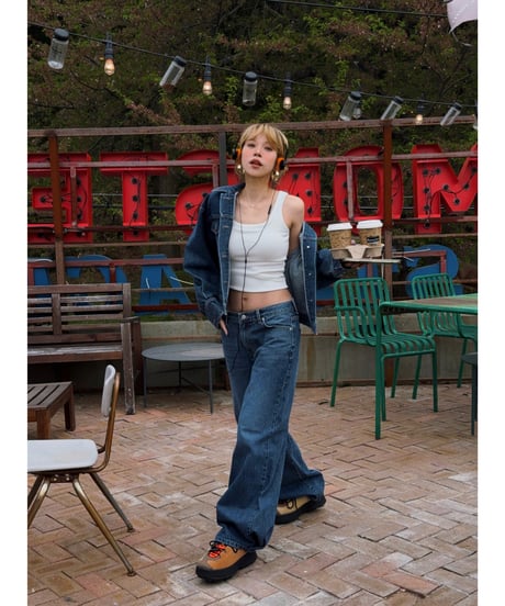 girls happy list denim pants / vintage wash blue
