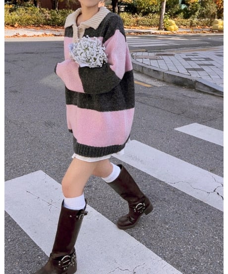 ボーダーニットワンピース/pink×gray