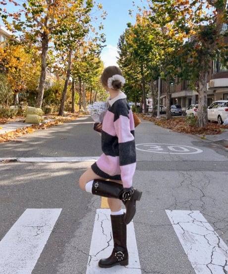 ボーダーニットワンピース/pink×gray