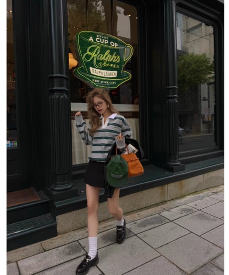 classic rugby shirt / gray×green