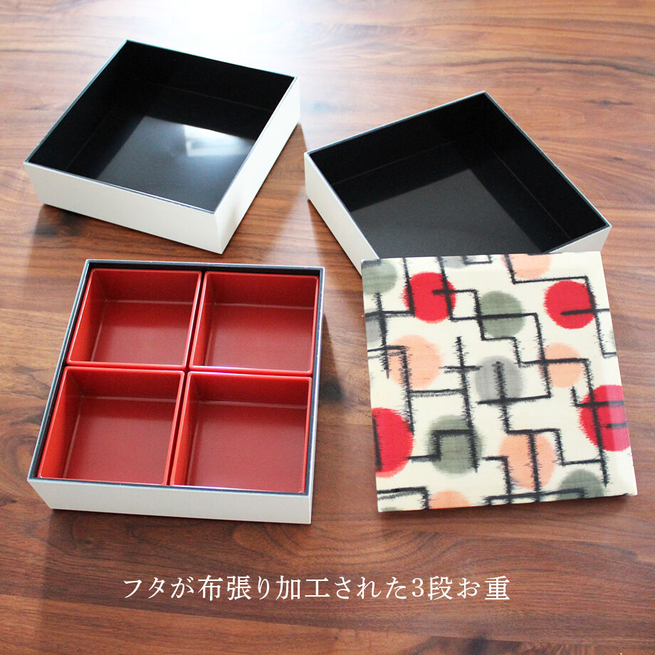 3段重箱 18cm角【銘仙】ドット幾何学 | 霜旦舎 定右衛門商店|着物 3段重箱 18cm角【銘仙】ドット幾何学 | 霜旦舎 定右衛門商店|着物