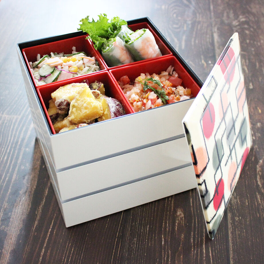 3段重箱 18cm角【銘仙】ドット幾何学 | 霜旦舎 定右衛門商店｜着物