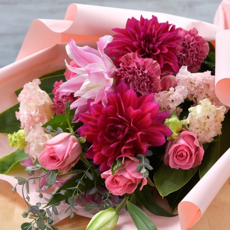 【Bouquet】選べるラッピングの花束　ピンクレッド系(生花）