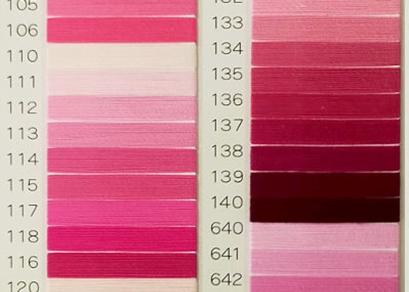 ワイヤー刺繍糸S-55 20番手／1000m巻 ピンク・赤系（見本帳1列目  