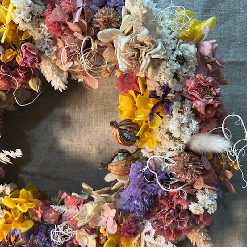 春待ちドライフラワーリース 春待ち ピンクのラウンドリース ドライ