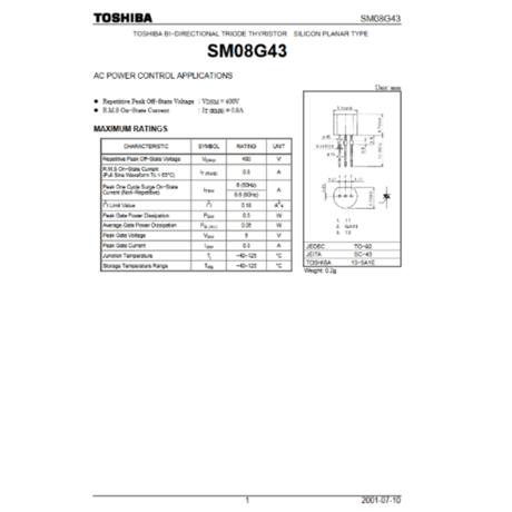 TOSHIBA 　サイリスタ    SM08G43　１０個セット