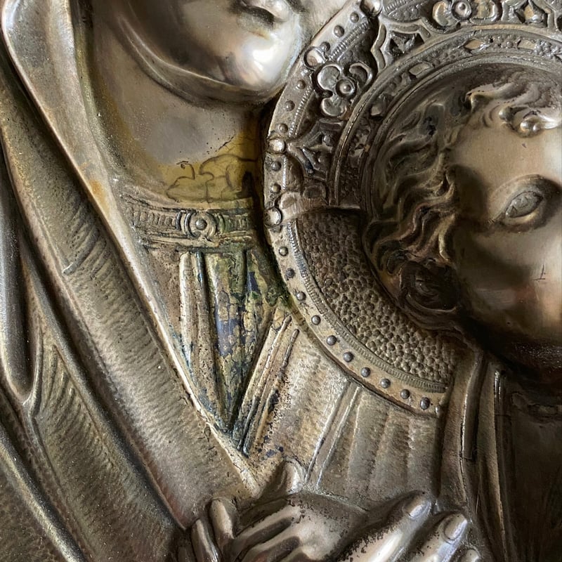 【貴重】イエス・キリスト像 ブロンズ像 浄化 聖母 イコン 絵画 アンティーク 東欧ヴィンテージ 聖母マリア像 木彫(キリストイコン画