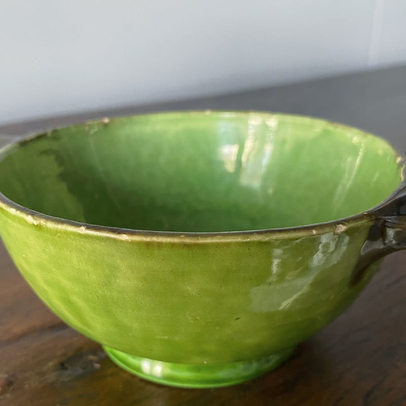 緑釉 耳付き ボウル 南仏 φ11.9cm h5.9cm アンティーク 0501158 | j