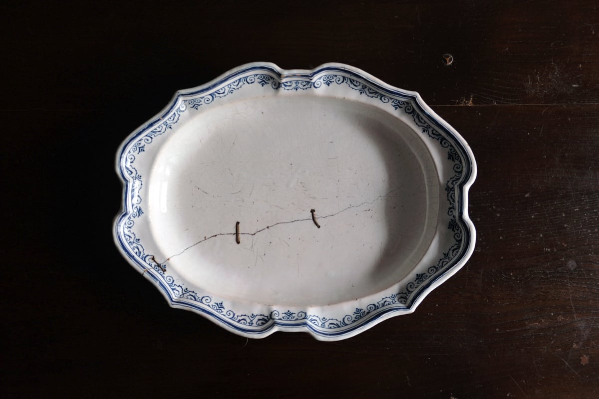 18世紀ムスティエ 花リムオーバル皿フランスアンティーク