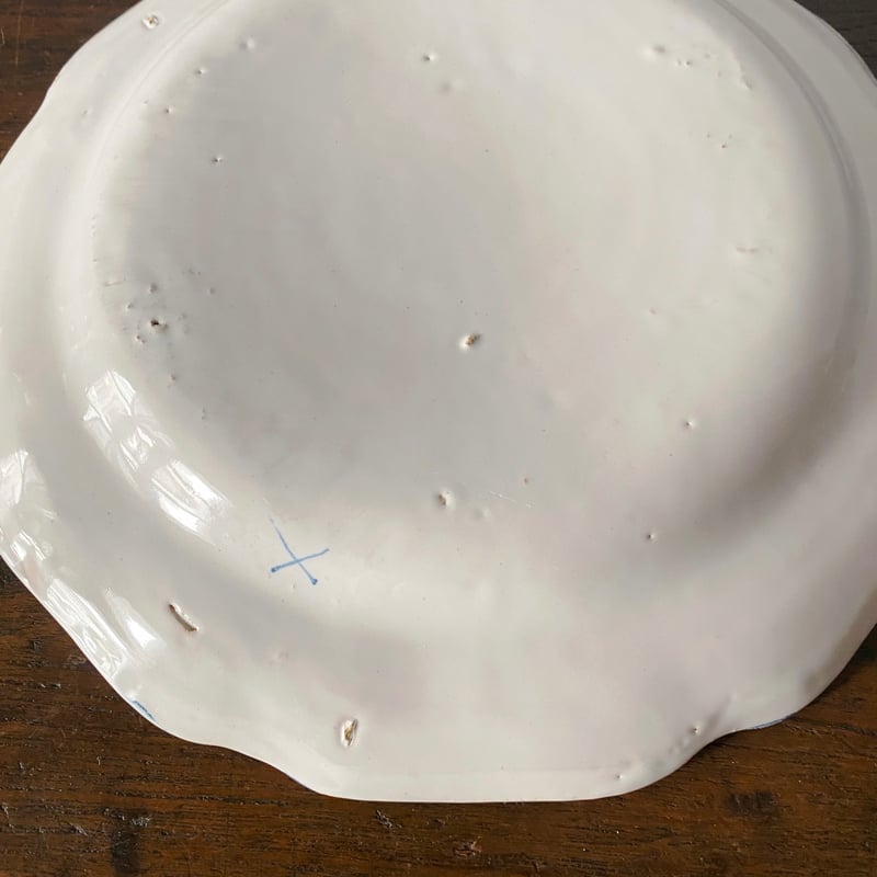 Moustiers 青線 花リム 平皿 φ24.6cm フランス アンティーク b 05017