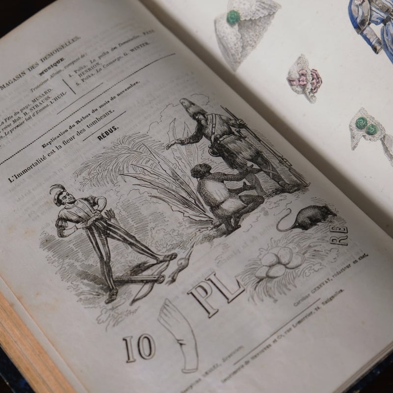 マガジン・デ・ドゥモアゼル1864年　フランスアンティーク　本　古書　彩色銅版画 古書 彩色モード版画付 本 Magasin des Demoiselles 1848-49年