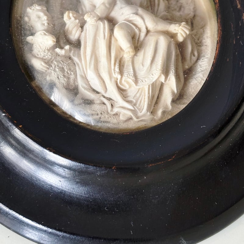 19世紀 聖母子と洗礼者ヨハネ メダイヨン 額装品 h14.5cm フランス