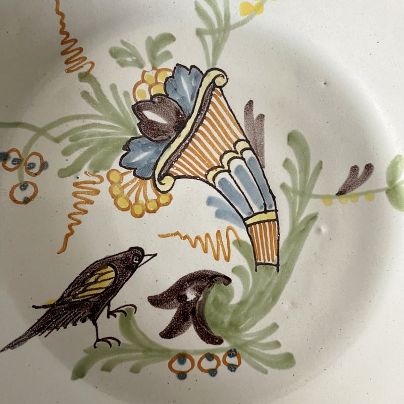 Nevers ヌヴェール 花鳥絵皿 φ22.5cm フランス アンティーク