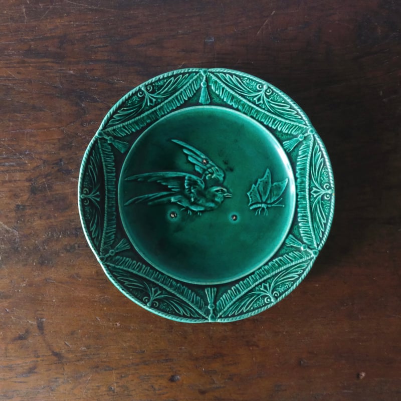 窯不明 バルボティーヌ 鳥と蝶 平皿 φ21.2cm フランス アンティーク