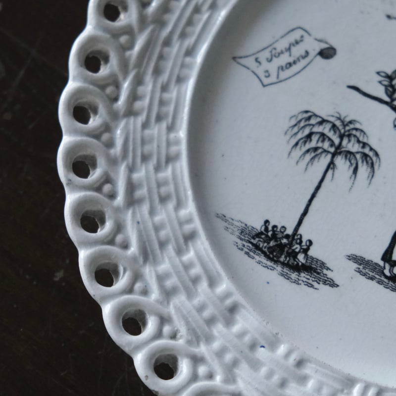 グリザイユ プレート パニエ フランスアンティーク No6)フランス クレイユ エ モントロー アンティーク グリザイユ